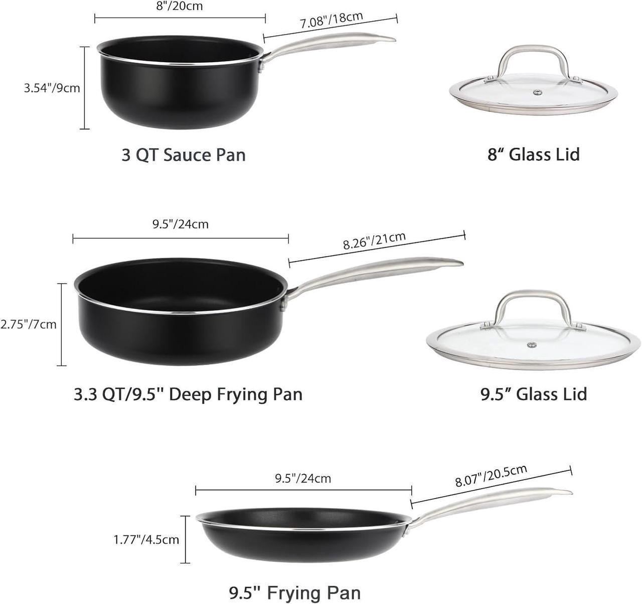 Alt view image 3 of 7 - Induction Pots and Pans Set, 5 Pcs Non Stick Cookware Set with Stainless Steel Handle, Non Toxic Kitchen Cookware Sets For Oven & Dishwasher Safe,100% PFOA Free, Black