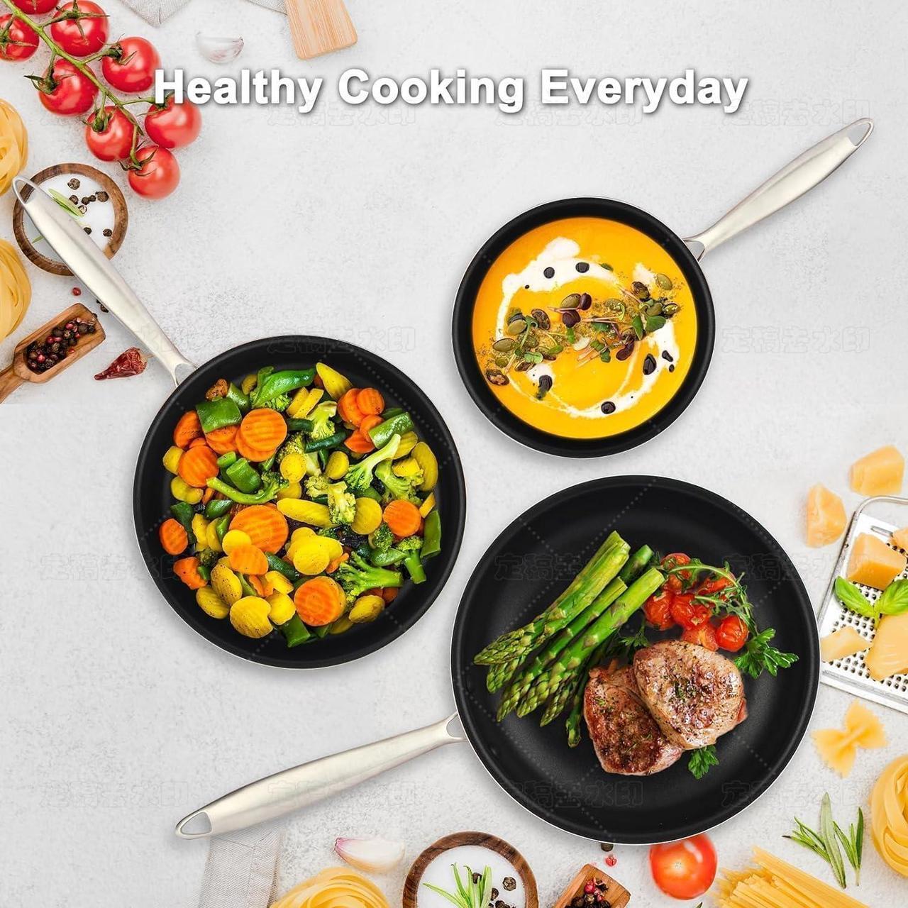 Alt view image 7 of 7 - Induction Pots and Pans Set, 5 Pcs Non Stick Cookware Set with Stainless Steel Handle, Non Toxic Kitchen Cookware Sets For Oven & Dishwasher Safe,100% PFOA Free, Black