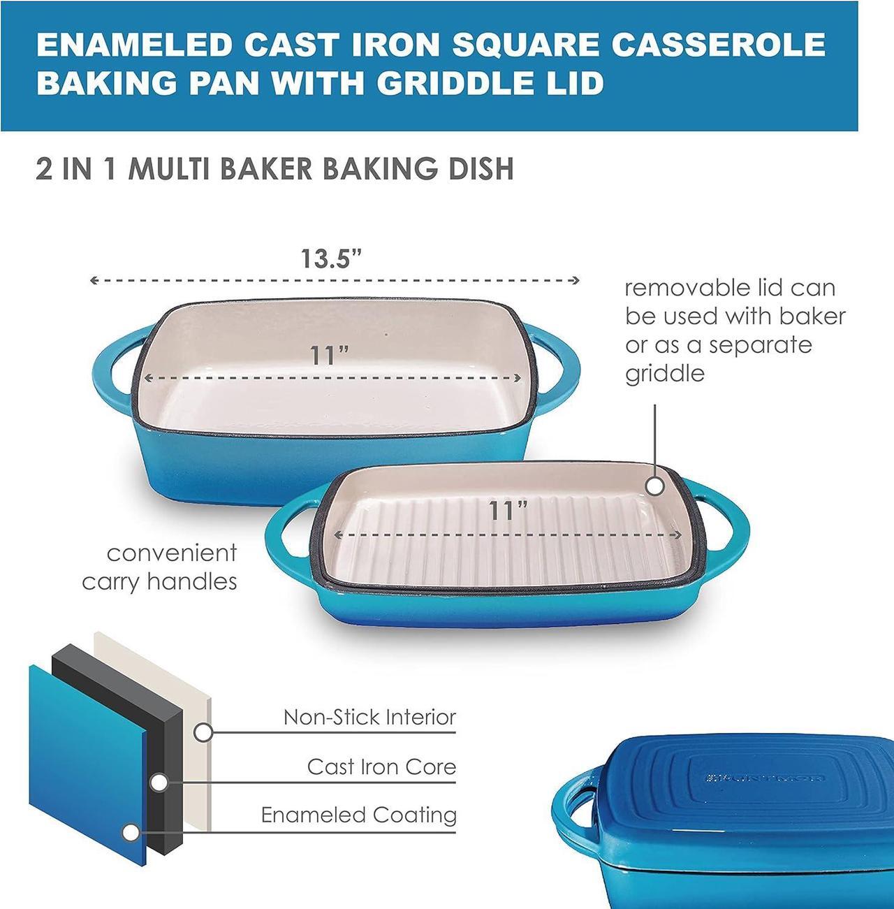 Alt view image 2 of 7 - Bruntmor 2-in-1 Pre-seasoned Square Cast Iron Dutch Oven With Dual Handles, Non stick Pan with Grill, All-in-One Cookware Set, Cast Iron Casserole Dish with Lid for Braising Dishes,Caribbean Blue