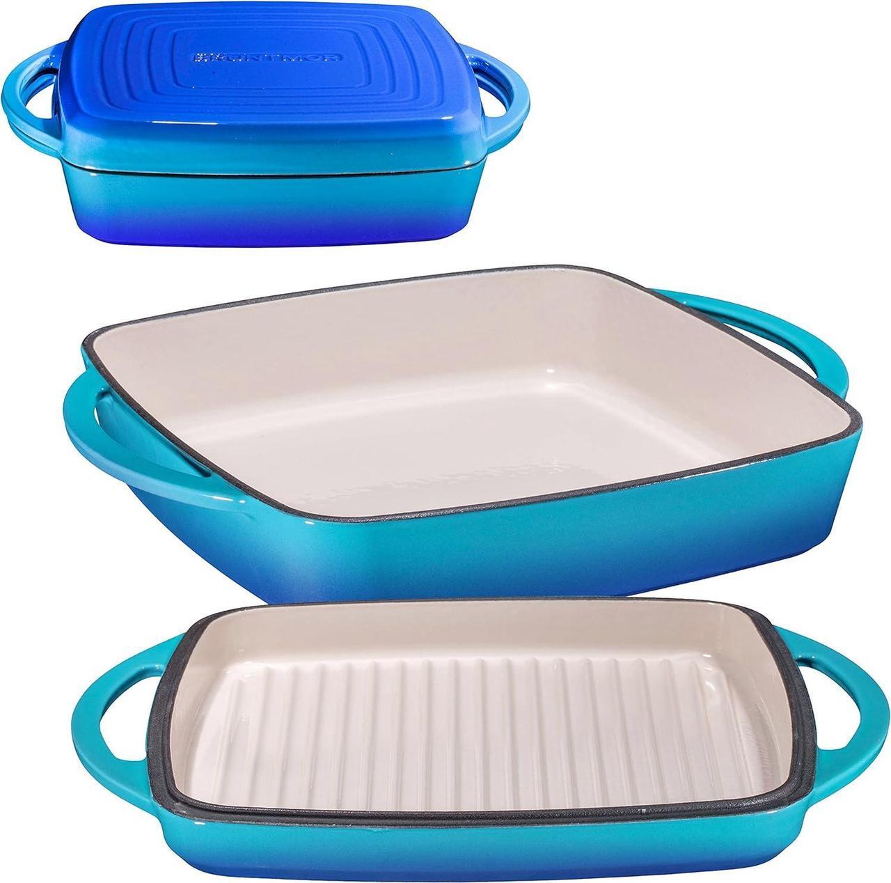 Main image of Bruntmor 2-in-1 Pre-seasoned Square Cast Iron Dutch Oven With Dual Handles, Non stick Pan with Grill, All-in-One Cookware Set, Cast Iron Casserole Dish with Lid for Braising Dishes,Caribbean Blue