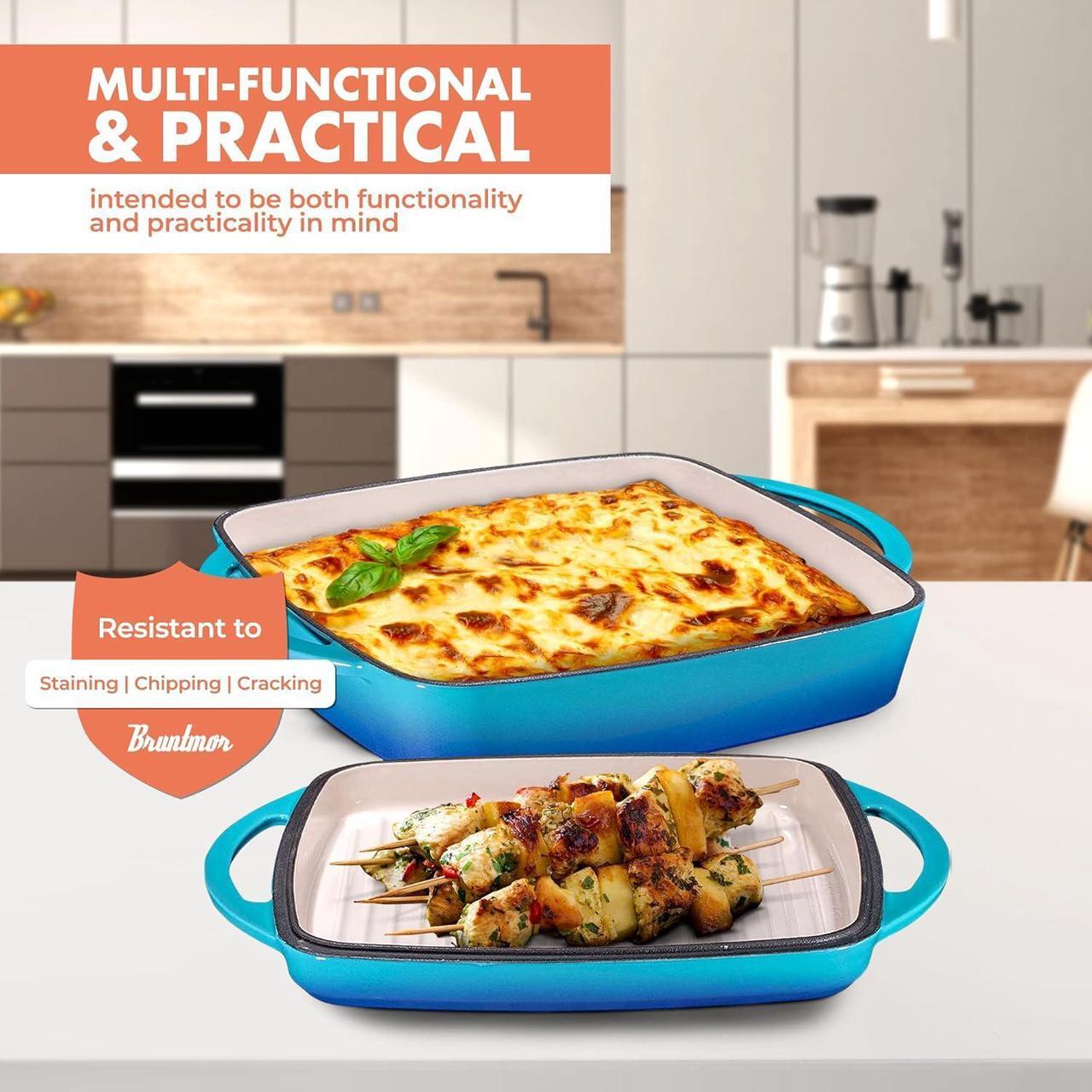 Alt view image 3 of 7 - Bruntmor 2-in-1 Pre-seasoned Square Cast Iron Dutch Oven With Dual Handles, Non stick Pan with Grill, All-in-One Cookware Set, Cast Iron Casserole Dish with Lid for Braising Dishes,Caribbean Blue
