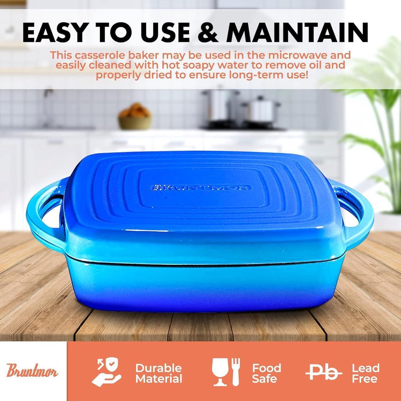 Alt view image 4 of 7 - Bruntmor 2-in-1 Pre-seasoned Square Cast Iron Dutch Oven With Dual Handles, Non stick Pan with Grill, All-in-One Cookware Set, Cast Iron Casserole Dish with Lid for Braising Dishes,Caribbean Blue