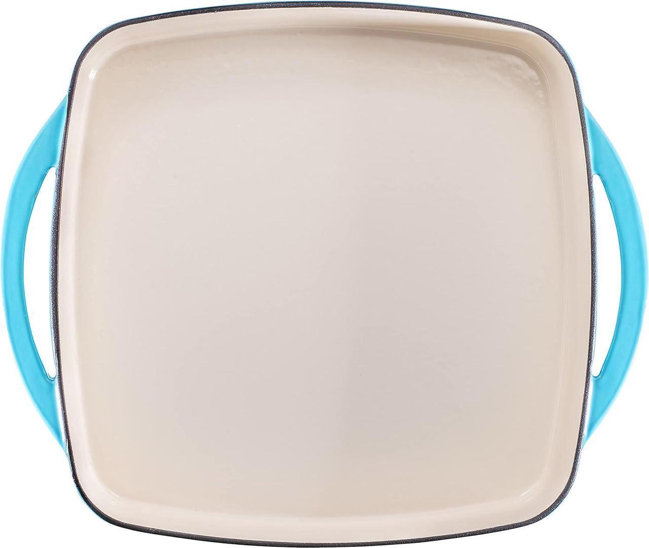Alt view image 6 of 7 - Bruntmor 2-in-1 Pre-seasoned Square Cast Iron Dutch Oven With Dual Handles, Non stick Pan with Grill, All-in-One Cookware Set, Cast Iron Casserole Dish with Lid for Braising Dishes,Caribbean Blue