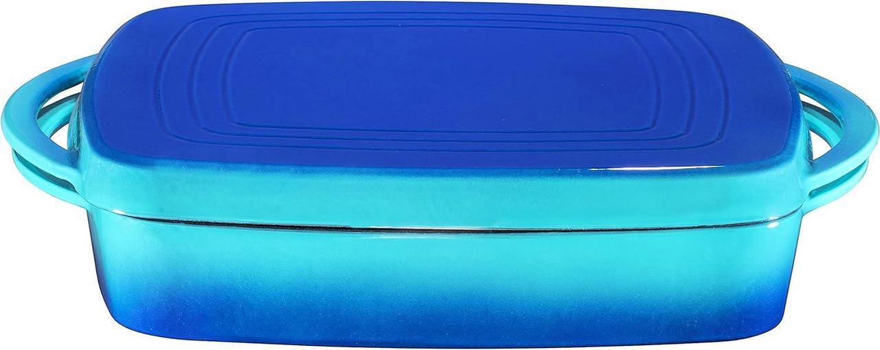 Alt view image 7 of 7 - Bruntmor 2-in-1 Pre-seasoned Square Cast Iron Dutch Oven With Dual Handles, Non stick Pan with Grill, All-in-One Cookware Set, Cast Iron Casserole Dish with Lid for Braising Dishes,Caribbean Blue