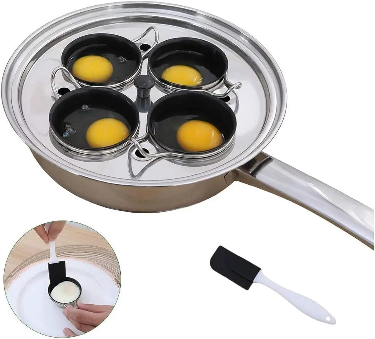 Main image of 4 Cups Egg Poacher Pan - Stainless Steel Poached Egg Cooker  Induction Cooktop Egg Poachers Cookware Set with 4 Nonstick Large PFOA FREE Egg Poacher Cups and Silicone Spatula