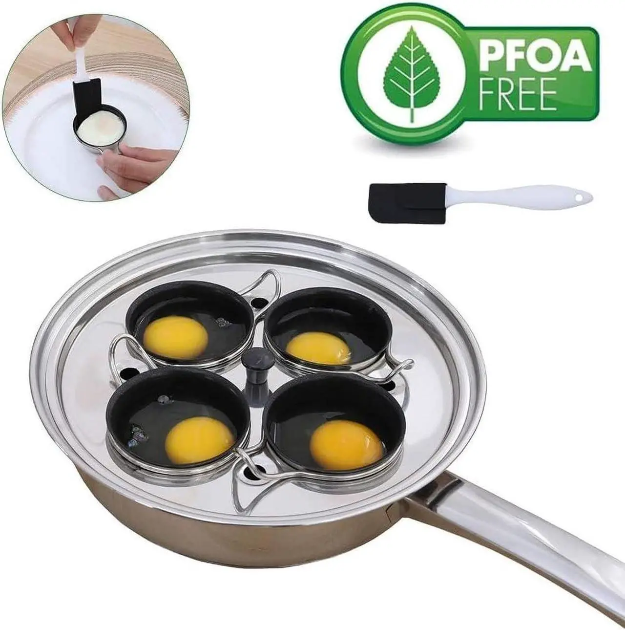 Alt view image 2 of 6 - 4 Cups Egg Poacher Pan - Stainless Steel Poached Egg Cooker  Induction Cooktop Egg Poachers Cookware Set with 4 Nonstick Large PFOA FREE Egg Poacher Cups and Silicone Spatula