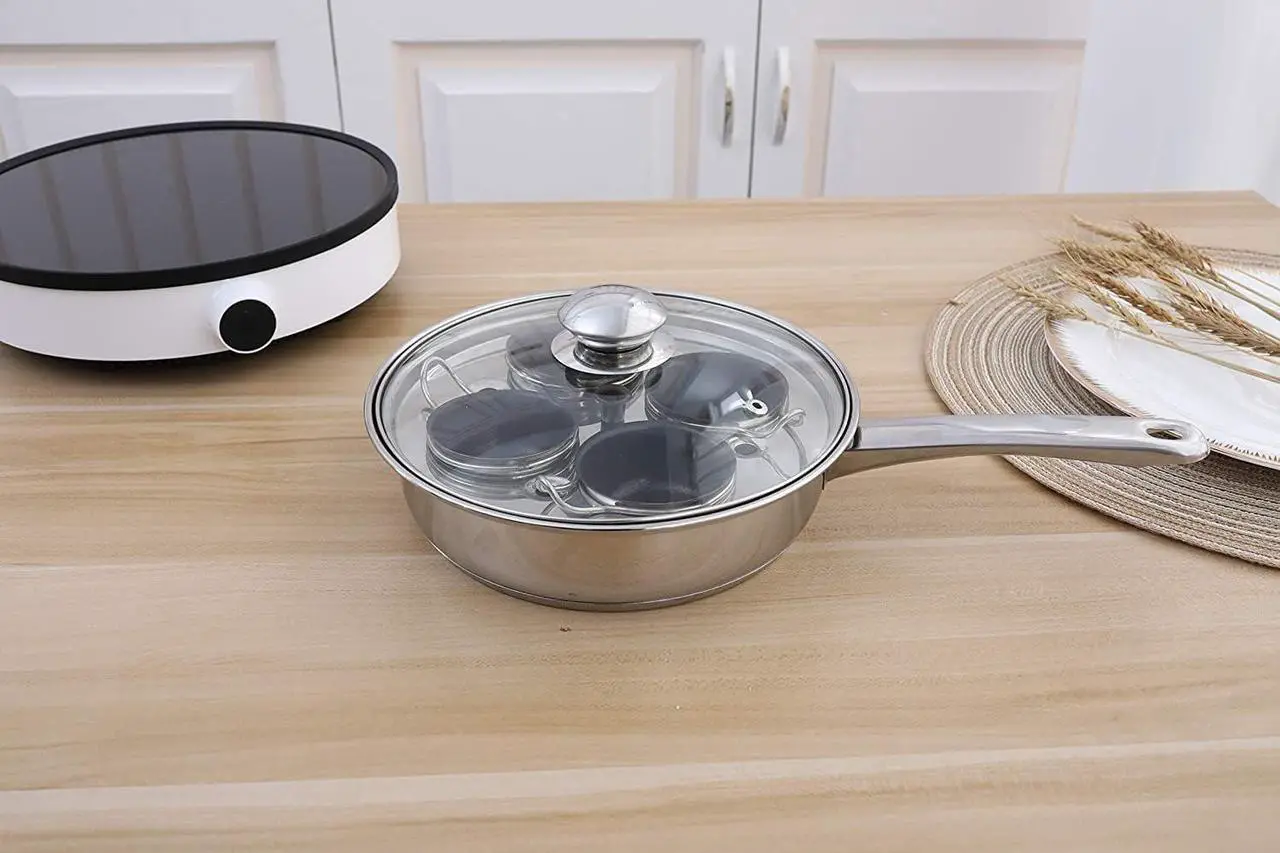 Alt view image 4 of 6 - 4 Cups Egg Poacher Pan - Stainless Steel Poached Egg Cooker  Induction Cooktop Egg Poachers Cookware Set with 4 Nonstick Large PFOA FREE Egg Poacher Cups and Silicone Spatula