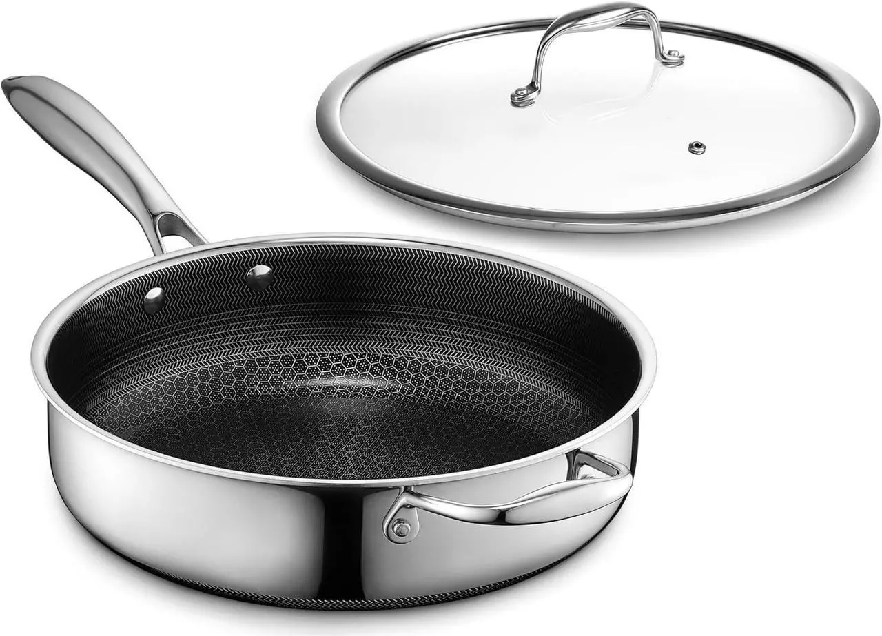 Main image of HexClad Hybrid Nonstick 3.3 Qt Deep Sauté Pan and Lid, Dishwasher and Oven-Safe, Induction Ready, Compatible with All Cooktops