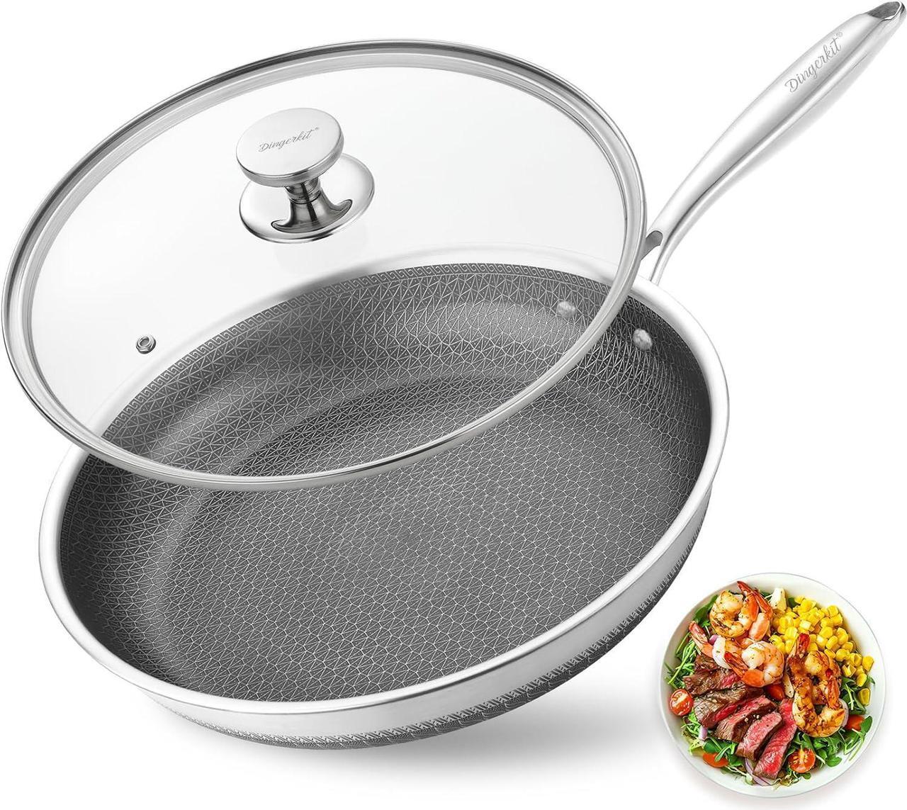 Main image of Non Stick Frying Pans, Stainless Steel Nonstick Fry pan with Honeycomb for Kitchen Cooking - 11 Skillet with Lid for Cookware - Works with Induction Cooktop Ceramic and Gas.