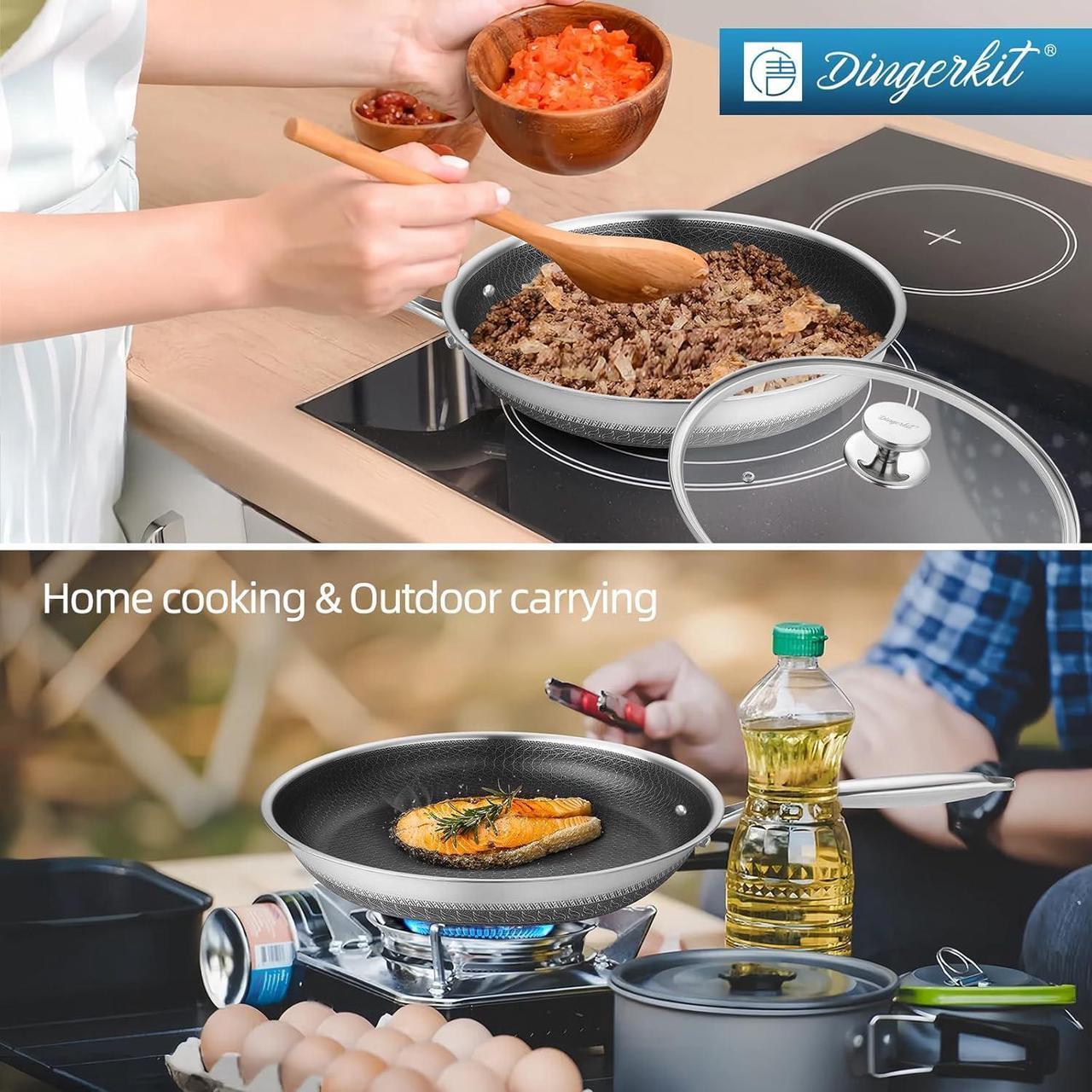Alt view image 4 of 7 - Non Stick Frying Pans, Stainless Steel Nonstick Fry pan with Honeycomb for Kitchen Cooking - 11 Skillet with Lid for Cookware - Works with Induction Cooktop Ceramic and Gas.