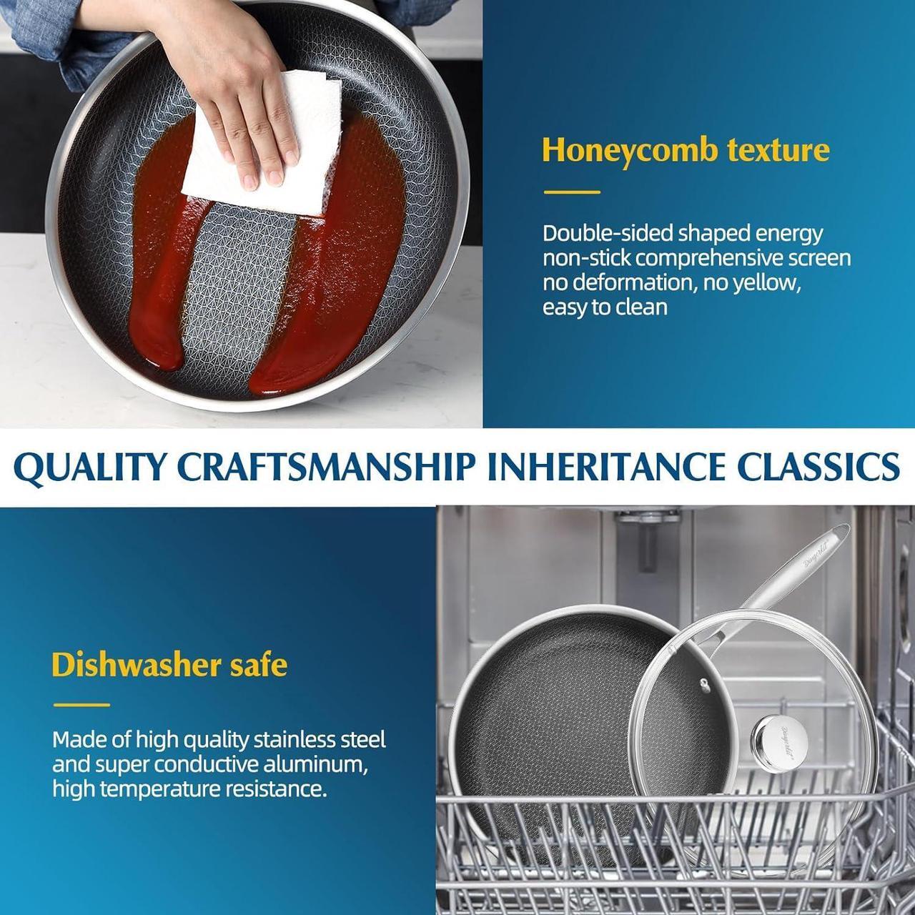 Alt view image 6 of 7 - Non Stick Frying Pans, Stainless Steel Nonstick Fry pan with Honeycomb for Kitchen Cooking - 11 Skillet with Lid for Cookware - Works with Induction Cooktop Ceramic and Gas.