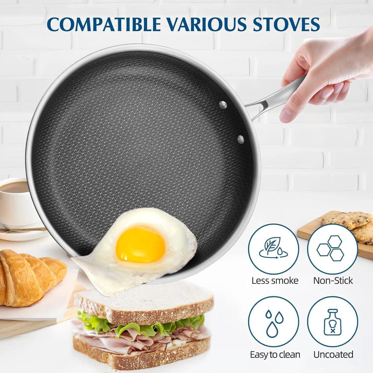 Alt view image 5 of 7 - Non Stick Frying Pans, Stainless Steel Nonstick Fry pan with Honeycomb for Kitchen Cooking - 11 Skillet with Lid for Cookware - Works with Induction Cooktop Ceramic and Gas.