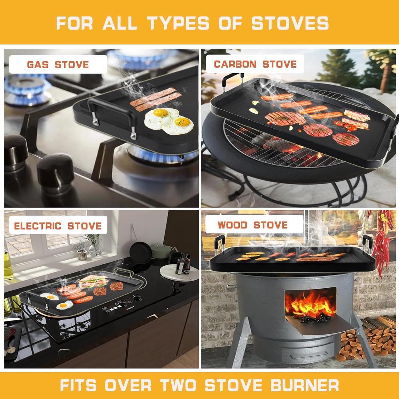 Alt view image 4 of 7 - Non-Stick Aluminum Stove Top Flat Griddle, Warp-Resistant Double Burner Griddle for Glass and Gas Stove, Great for Breakfast and BBQ Indoor or Outdoor 17" x 10.5"