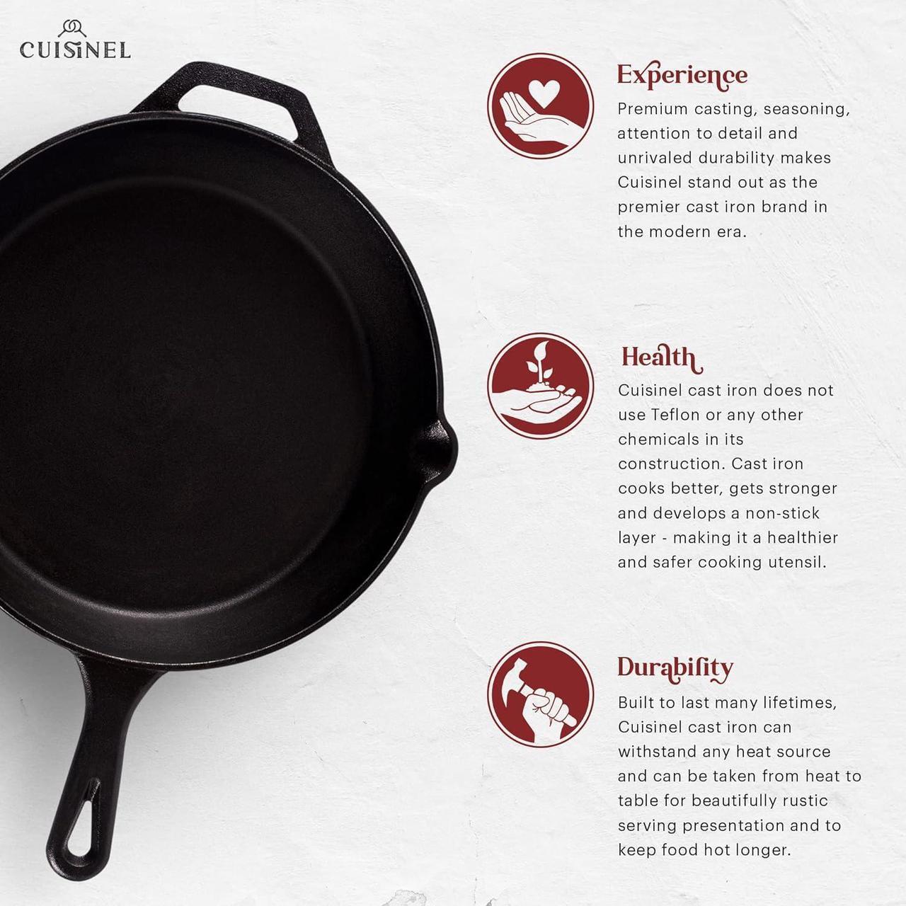Alt view image 2 of 7 - Cuisinel Cast Iron Skillet with Lid - 12"-Inch Frying Pan + Glass Cover + Silicone Handle Holder - Pre-Seasoned Oven Safe Cookware - Indoor/Outdoor Use - Grill, BBQ, Fire, Stovetop, Induction