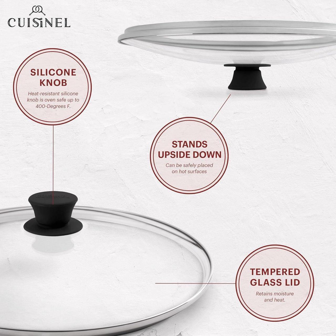 Alt view image 3 of 7 - Cuisinel Cast Iron Skillet with Lid - 12"-Inch Frying Pan + Glass Cover + Silicone Handle Holder - Pre-Seasoned Oven Safe Cookware - Indoor/Outdoor Use - Grill, BBQ, Fire, Stovetop, Induction