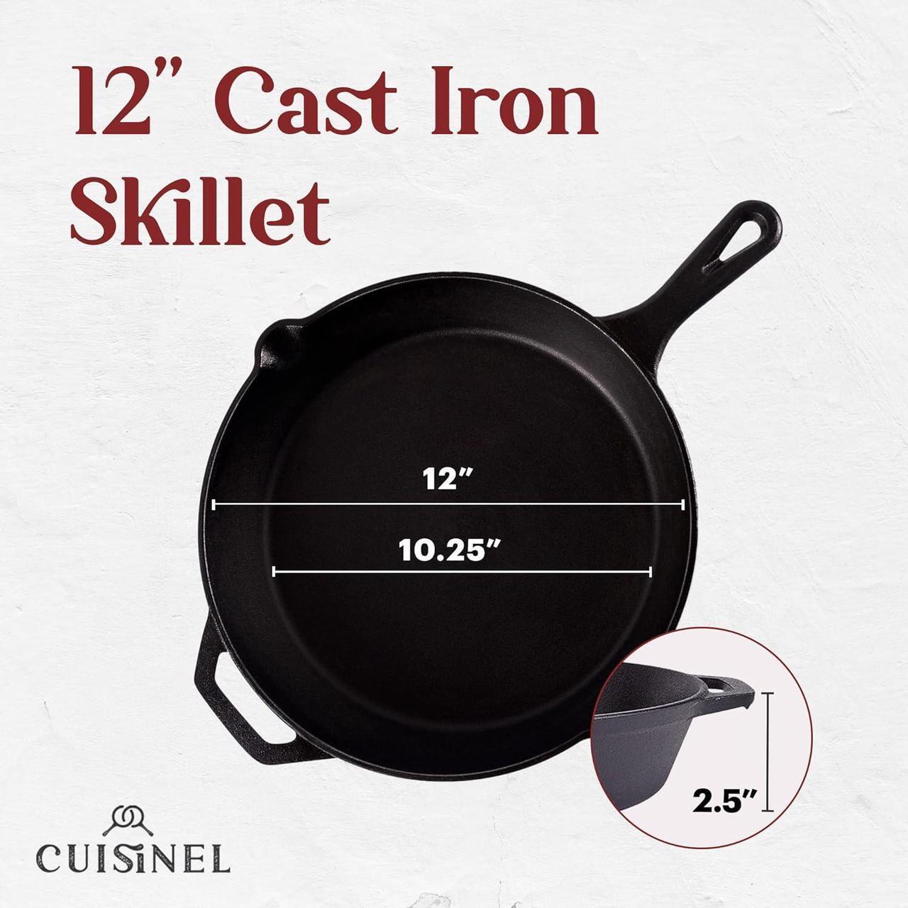 Alt view image 4 of 7 - Cuisinel Cast Iron Skillet with Lid - 12"-Inch Frying Pan + Glass Cover + Silicone Handle Holder - Pre-Seasoned Oven Safe Cookware - Indoor/Outdoor Use - Grill, BBQ, Fire, Stovetop, Induction