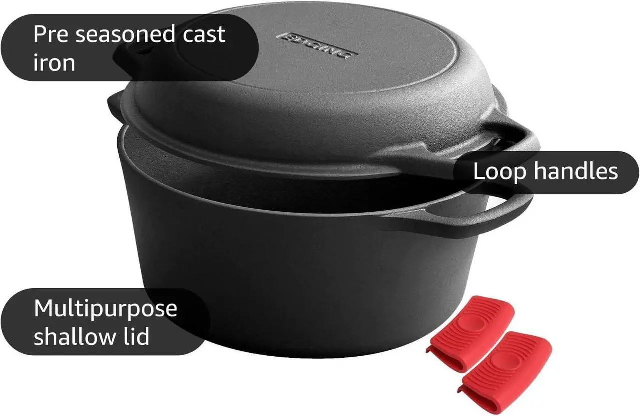 Alt view image 4 of 7 - 2-in-1 Pre-Seasoned Cast Iron Dutch Oven Pot with Skillet Lid Cooking Pan, Cast Iron Skillet Cookware Pan Set with Dual Handles Indoor Outdoor for Bread, Frying, Baking, Camping, BBQ, 5QT