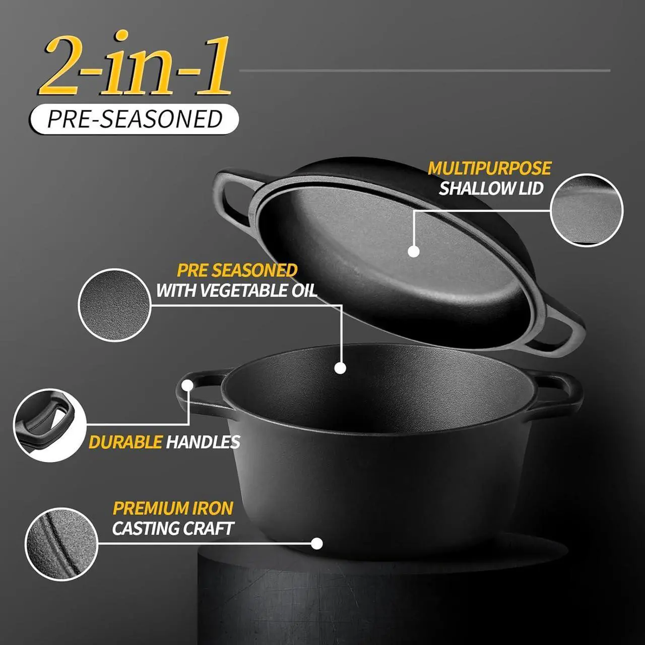 Alt view image 2 of 7 - 2-in-1 Pre-Seasoned Cast Iron Dutch Oven Pot with Skillet Lid Cooking Pan, Cast Iron Skillet Cookware Pan Set with Dual Handles Indoor Outdoor for Bread, Frying, Baking, Camping, BBQ, 5QT