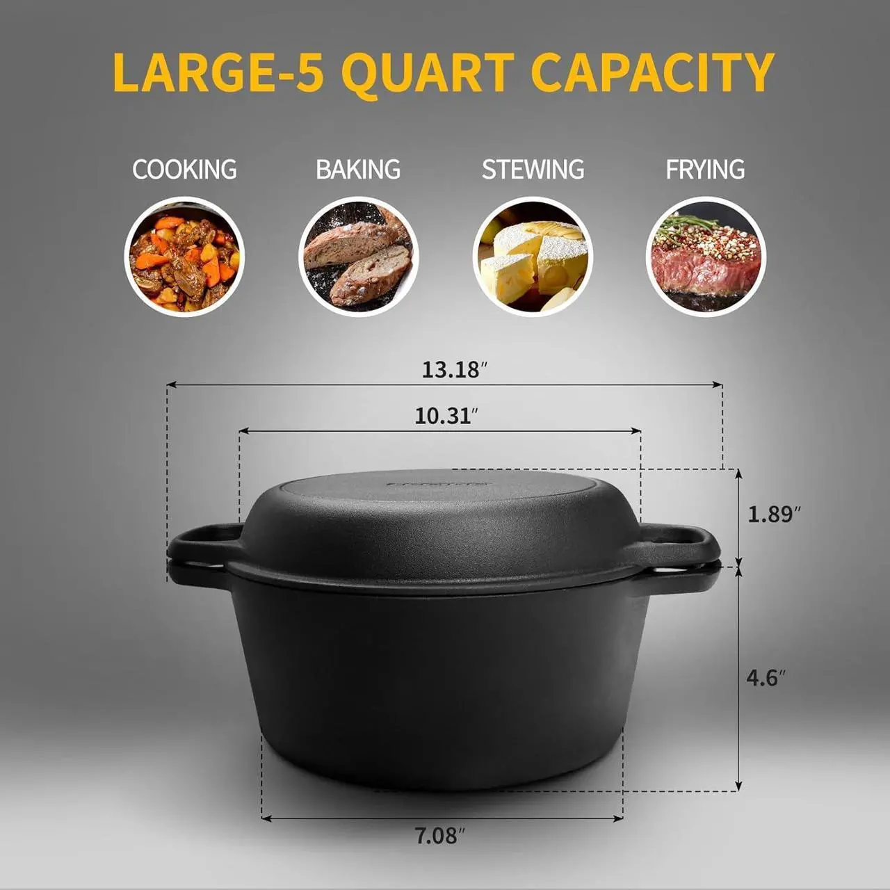 Alt view image 3 of 7 - 2-in-1 Pre-Seasoned Cast Iron Dutch Oven Pot with Skillet Lid Cooking Pan, Cast Iron Skillet Cookware Pan Set with Dual Handles Indoor Outdoor for Bread, Frying, Baking, Camping, BBQ, 5QT