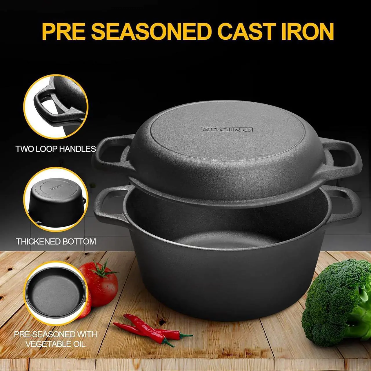 Alt view image 5 of 7 - 2-in-1 Pre-Seasoned Cast Iron Dutch Oven Pot with Skillet Lid Cooking Pan, Cast Iron Skillet Cookware Pan Set with Dual Handles Indoor Outdoor for Bread, Frying, Baking, Camping, BBQ, 5QT