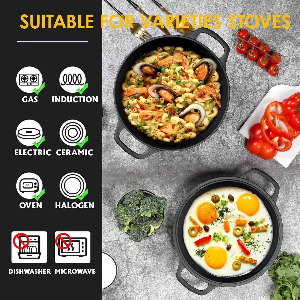 Alt view image 6 of 7 - 2-in-1 Pre-Seasoned Cast Iron Dutch Oven Pot with Skillet Lid Cooking Pan, Cast Iron Skillet Cookware Pan Set with Dual Handles Indoor Outdoor for Bread, Frying, Baking, Camping, BBQ, 5QT