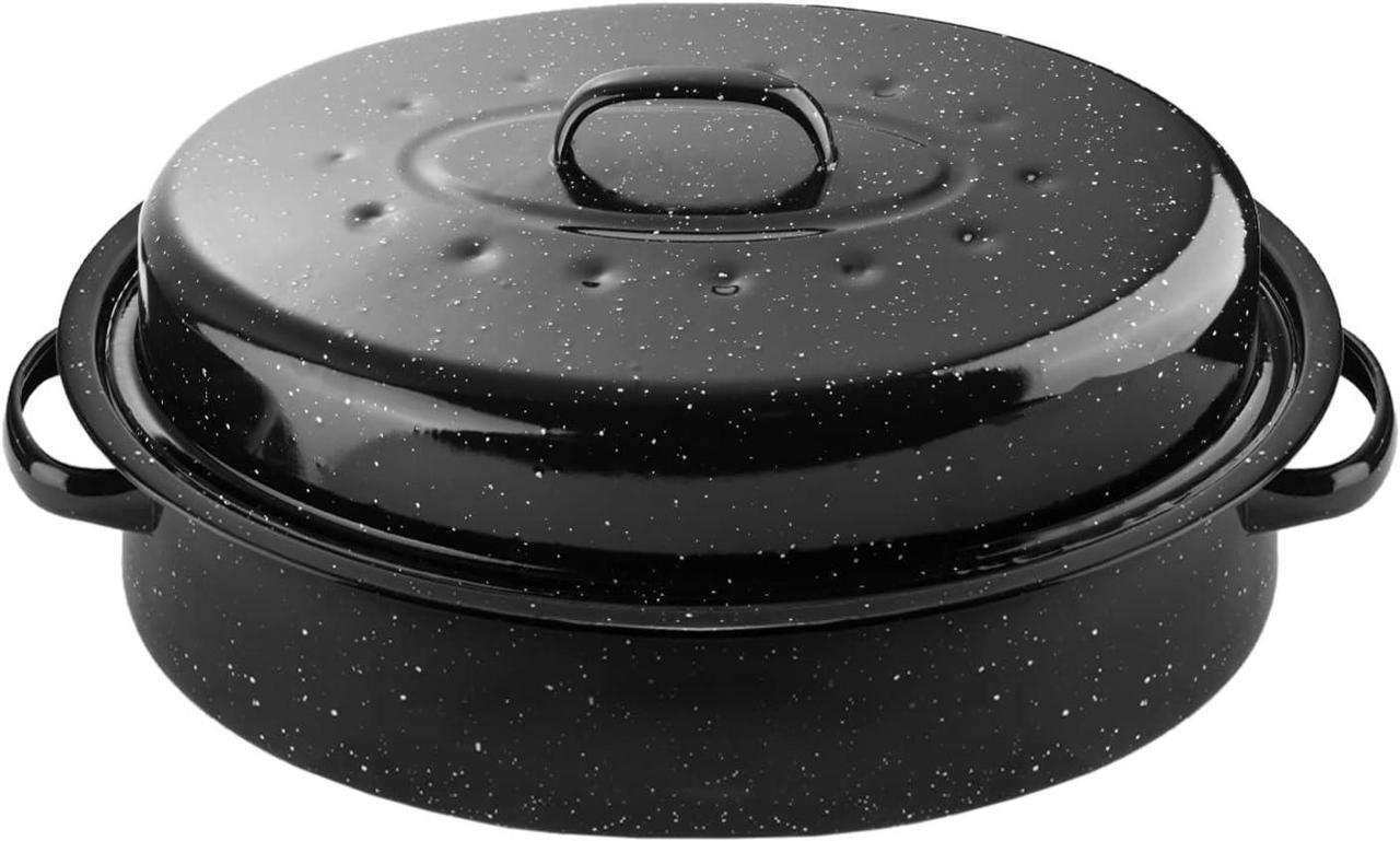 Main image of 16Inch Roasting Pan, Enamel on Steel, Black Covered Oval Roaster Pan with Lid, Medium Cookware for Turkey, Small Chicken, Roast Baking Pan.