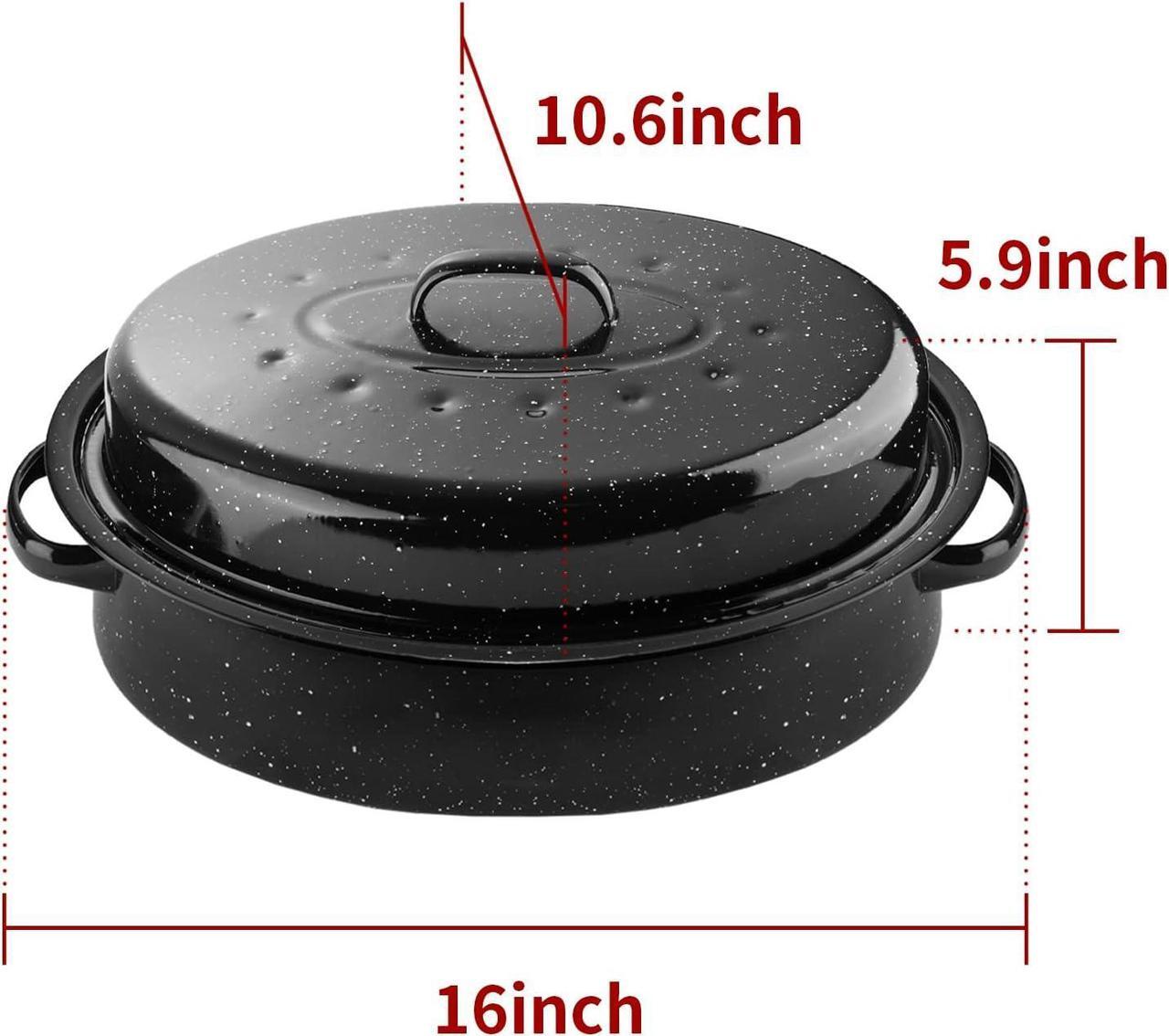 Alt view image 2 of 7 - 16Inch Roasting Pan, Enamel on Steel, Black Covered Oval Roaster Pan with Lid, Medium Cookware for Turkey, Small Chicken, Roast Baking Pan.