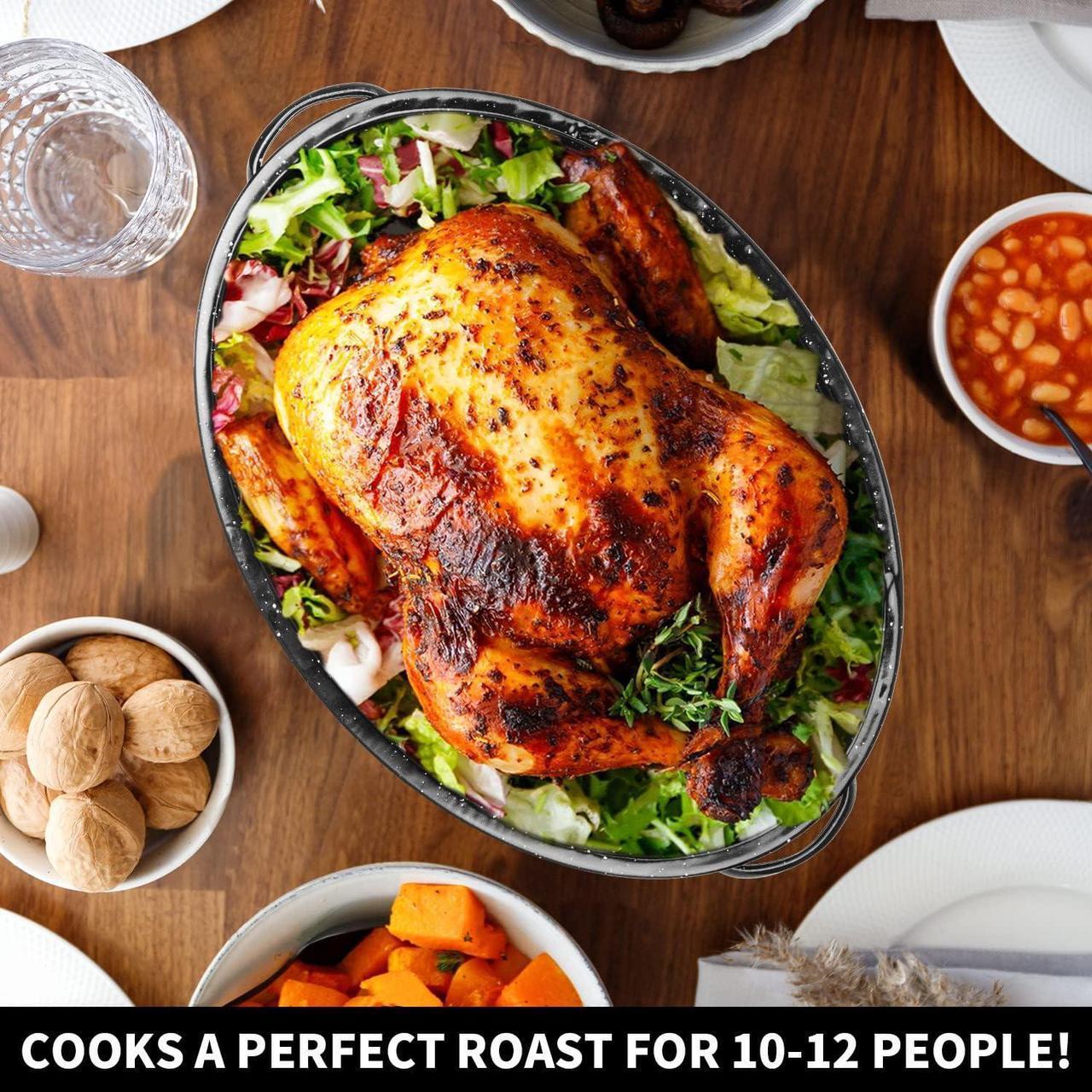 Alt view image 3 of 7 - 16Inch Roasting Pan, Enamel on Steel, Black Covered Oval Roaster Pan with Lid, Medium Cookware for Turkey, Small Chicken, Roast Baking Pan.