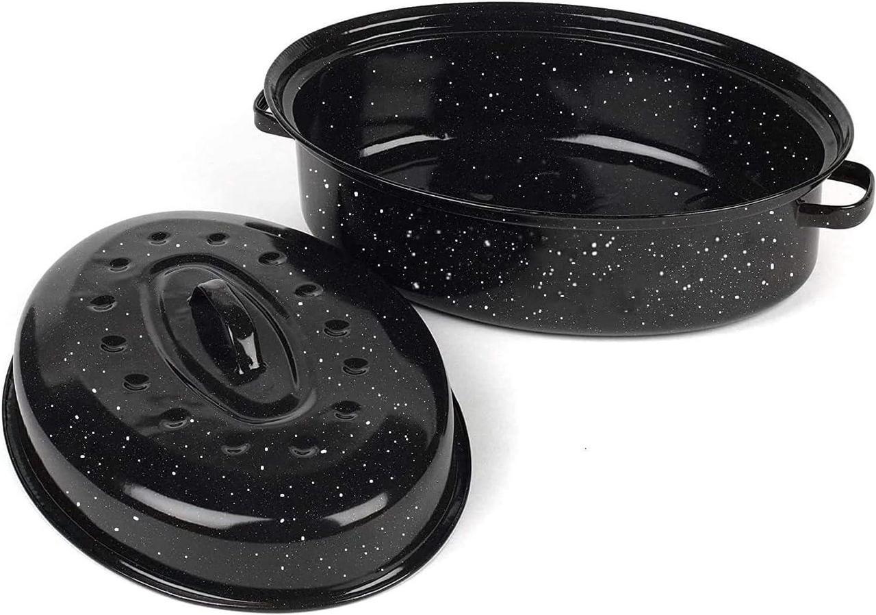 Alt view image 5 of 7 - 16Inch Roasting Pan, Enamel on Steel, Black Covered Oval Roaster Pan with Lid, Medium Cookware for Turkey, Small Chicken, Roast Baking Pan.