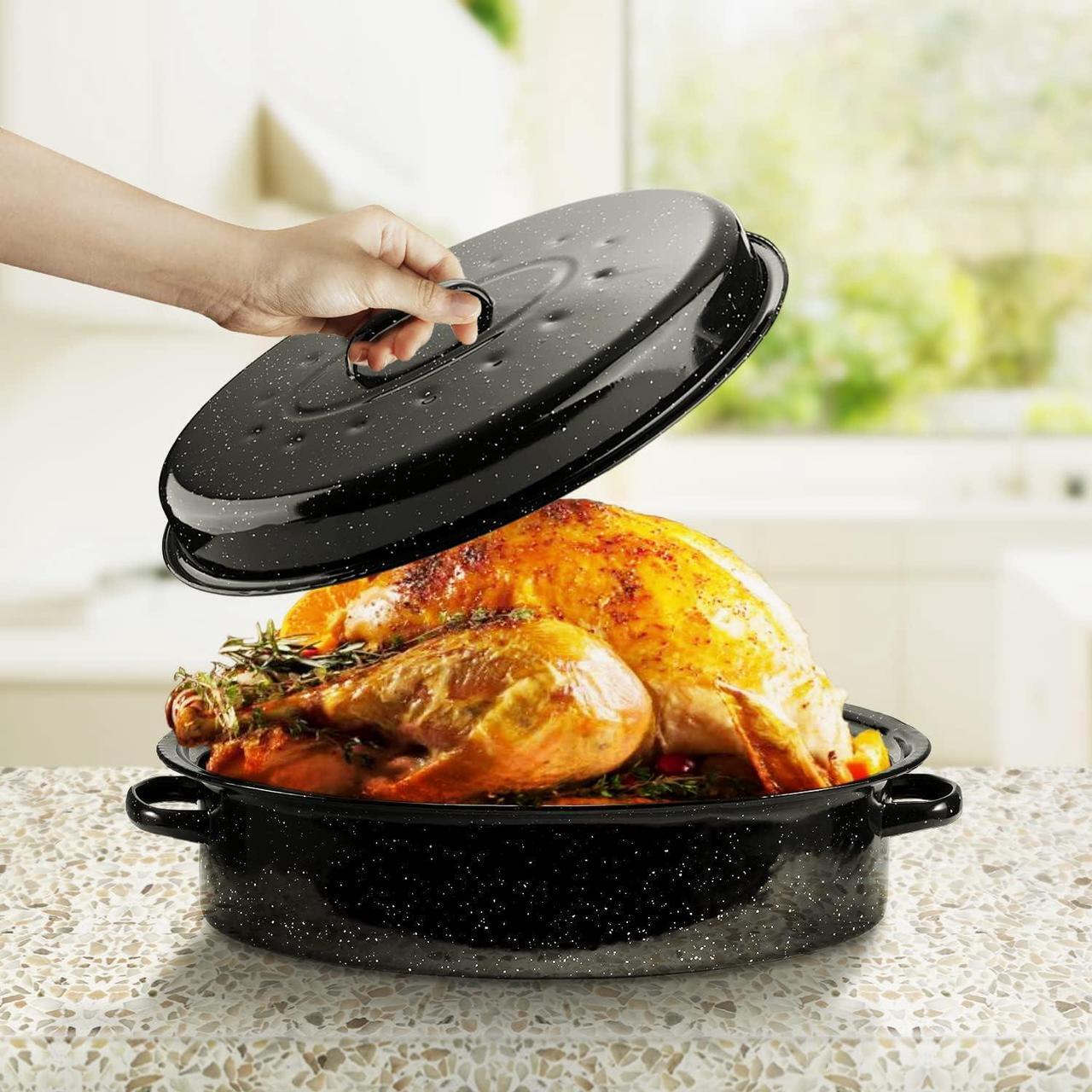 Alt view image 6 of 7 - 16Inch Roasting Pan, Enamel on Steel, Black Covered Oval Roaster Pan with Lid, Medium Cookware for Turkey, Small Chicken, Roast Baking Pan.