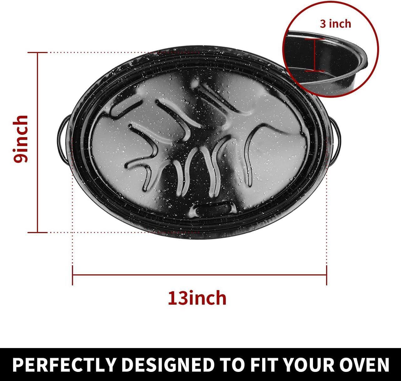 Alt view image 7 of 7 - 16Inch Roasting Pan, Enamel on Steel, Black Covered Oval Roaster Pan with Lid, Medium Cookware for Turkey, Small Chicken, Roast Baking Pan.