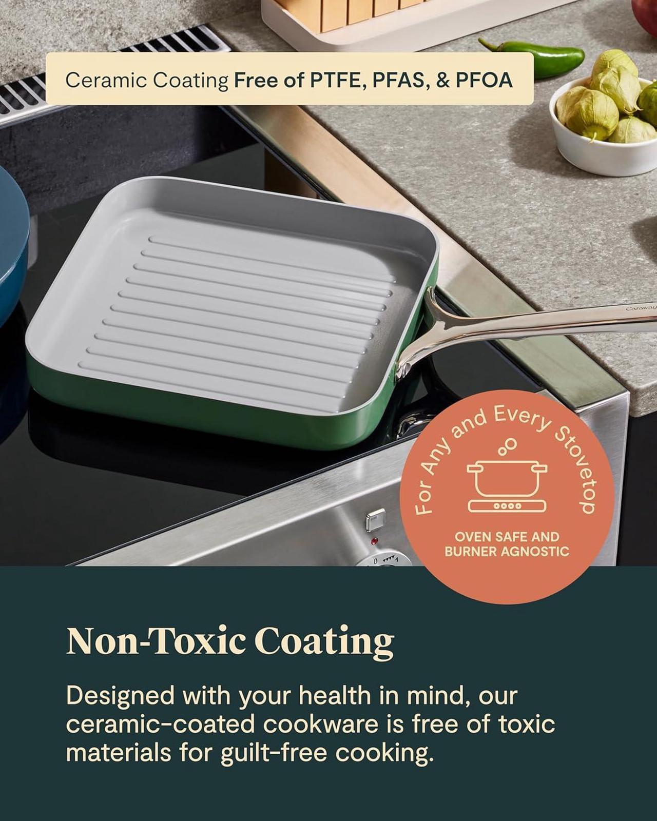 Alt view image 4 of 7 - Caraway Square Grill Pan - 11 Grill Pan - Non-Stick Ceramic Coated - Non Toxic, PTFE & PFOA Free - Oven Safe & Compatible with All Stovetops - Gray
