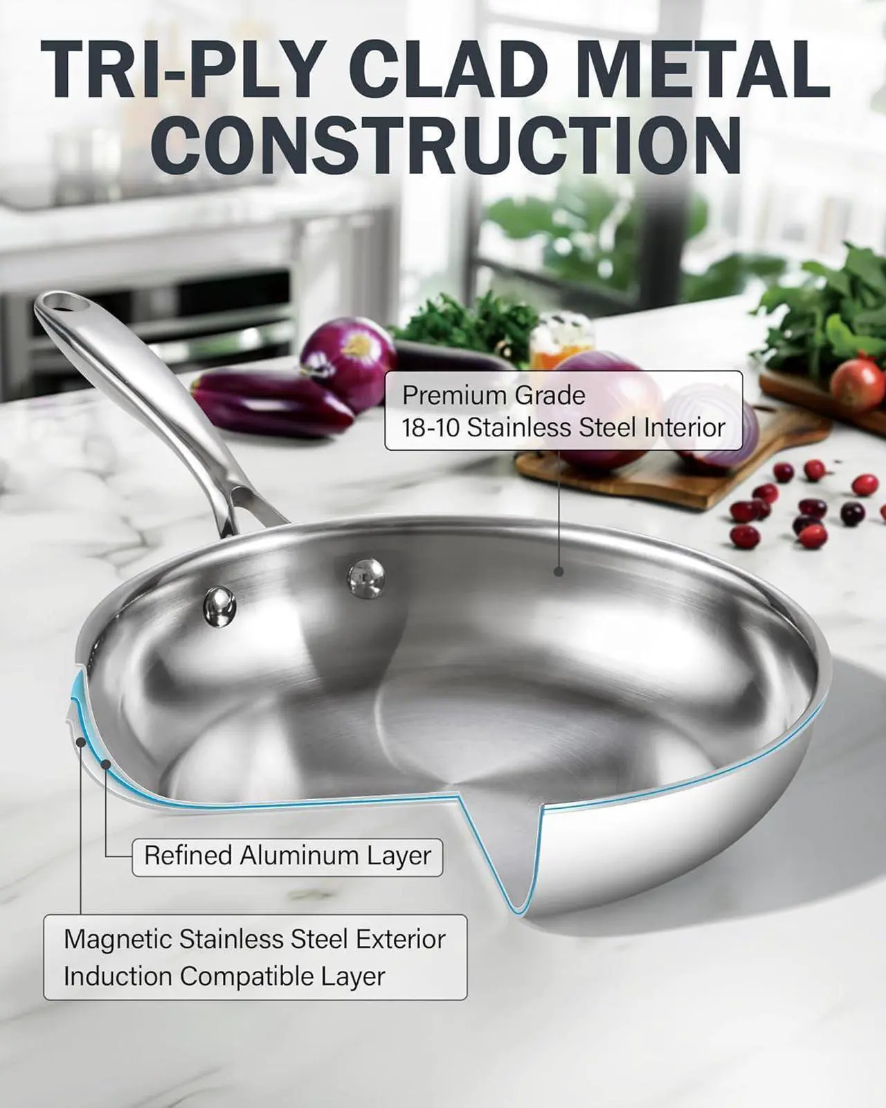 Alt view image 4 of 7 - Cooks Standard Frying Pan Stainless Steel, 8-Inch Multi-Ply Clad wok Stir Fry Pan Kitchen Skillet, Silver