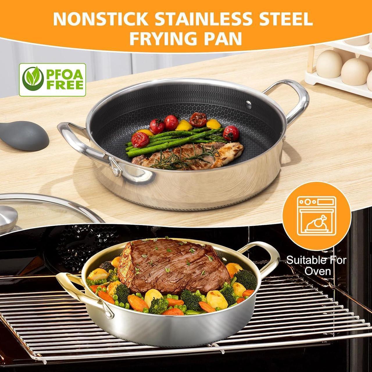 Alt view image 4 of 7 - Stainless Steel Saute Pan 12 inch Deep Frying Pan,6 Quarts Nonstick Skillet Large Sauté Pan with Lid,PFOA Free Cookware,Induction Compatible Chef Cooking Pan,Dishwasher & Oven Safe