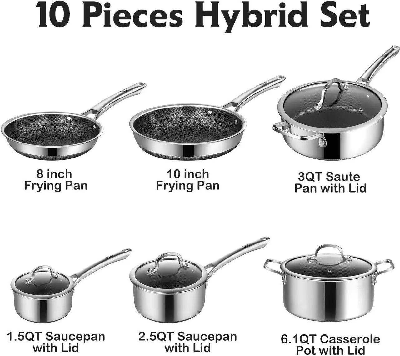 Alt view image 2 of 7 - SNOWCLAD Pots and Pans Set Non Stick, 10 Pcs Hybrid Stainless Steel Cookware Sets, Non Stick Frying Pans, Saucepans, Saute Pan & Stock Pot, PFOA Free Kitchen Skillet,Induction Compatible