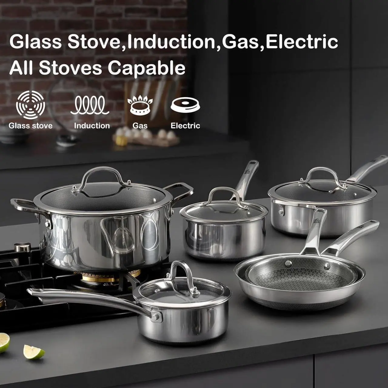 Alt view image 3 of 7 - SNOWCLAD Pots and Pans Set Non Stick, 10 Pcs Hybrid Stainless Steel Cookware Sets, Non Stick Frying Pans, Saucepans, Saute Pan & Stock Pot, PFOA Free Kitchen Skillet,Induction Compatible