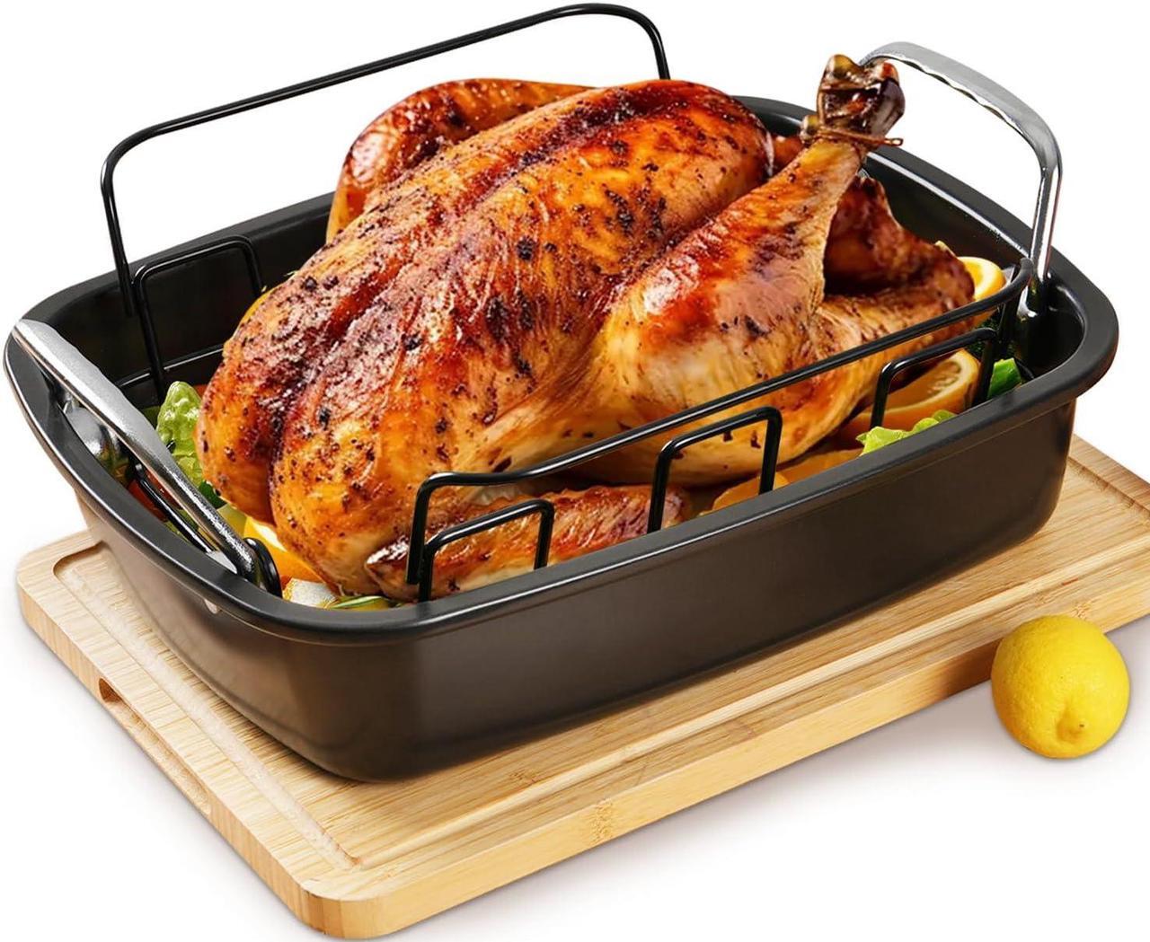 Main image of Large Nonstick Roasting Pan with Rack, Turkey Roasting Pan with Wider Handles, Heavy Duty Construction Roaster - 17.2 Inch x 13.5 Inch for Oven