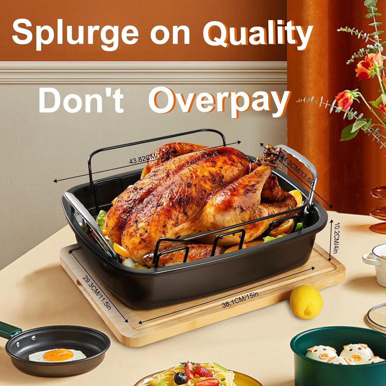 Alt view image 3 of 6 - Large Nonstick Roasting Pan with Rack, Turkey Roasting Pan with Wider Handles, Heavy Duty Construction Roaster - 17.2 Inch x 13.5 Inch for Oven