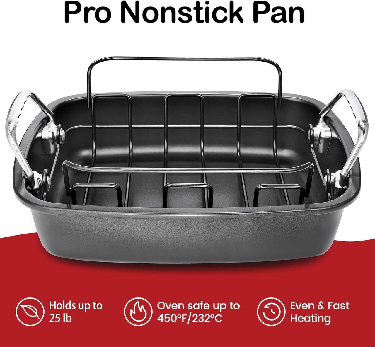 Alt view image 4 of 6 - Large Nonstick Roasting Pan with Rack, Turkey Roasting Pan with Wider Handles, Heavy Duty Construction Roaster - 17.2 Inch x 13.5 Inch for Oven
