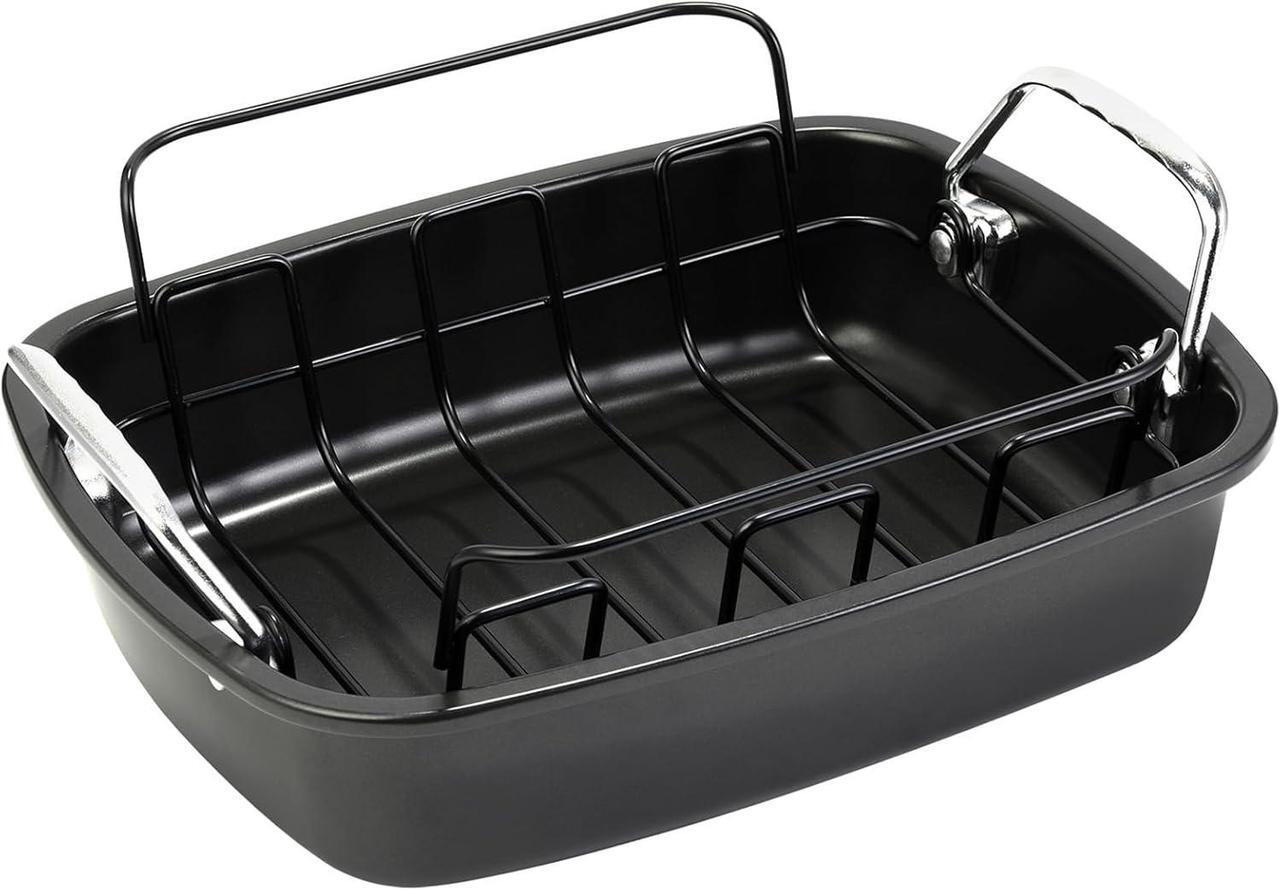 Alt view image 6 of 6 - Large Nonstick Roasting Pan with Rack, Turkey Roasting Pan with Wider Handles, Heavy Duty Construction Roaster - 17.2 Inch x 13.5 Inch for Oven