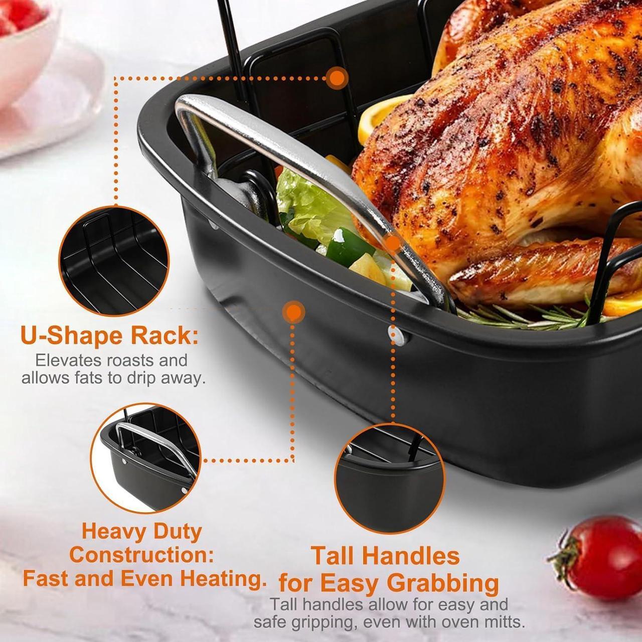 Alt view image 5 of 6 - Large Nonstick Roasting Pan with Rack, Turkey Roasting Pan with Wider Handles, Heavy Duty Construction Roaster - 17.2 Inch x 13.5 Inch for Oven