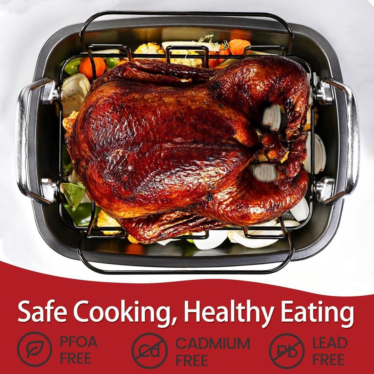 Alt view image 2 of 6 - Large Nonstick Roasting Pan with Rack, Turkey Roasting Pan with Wider Handles, Heavy Duty Construction Roaster - 17.2 Inch x 13.5 Inch for Oven