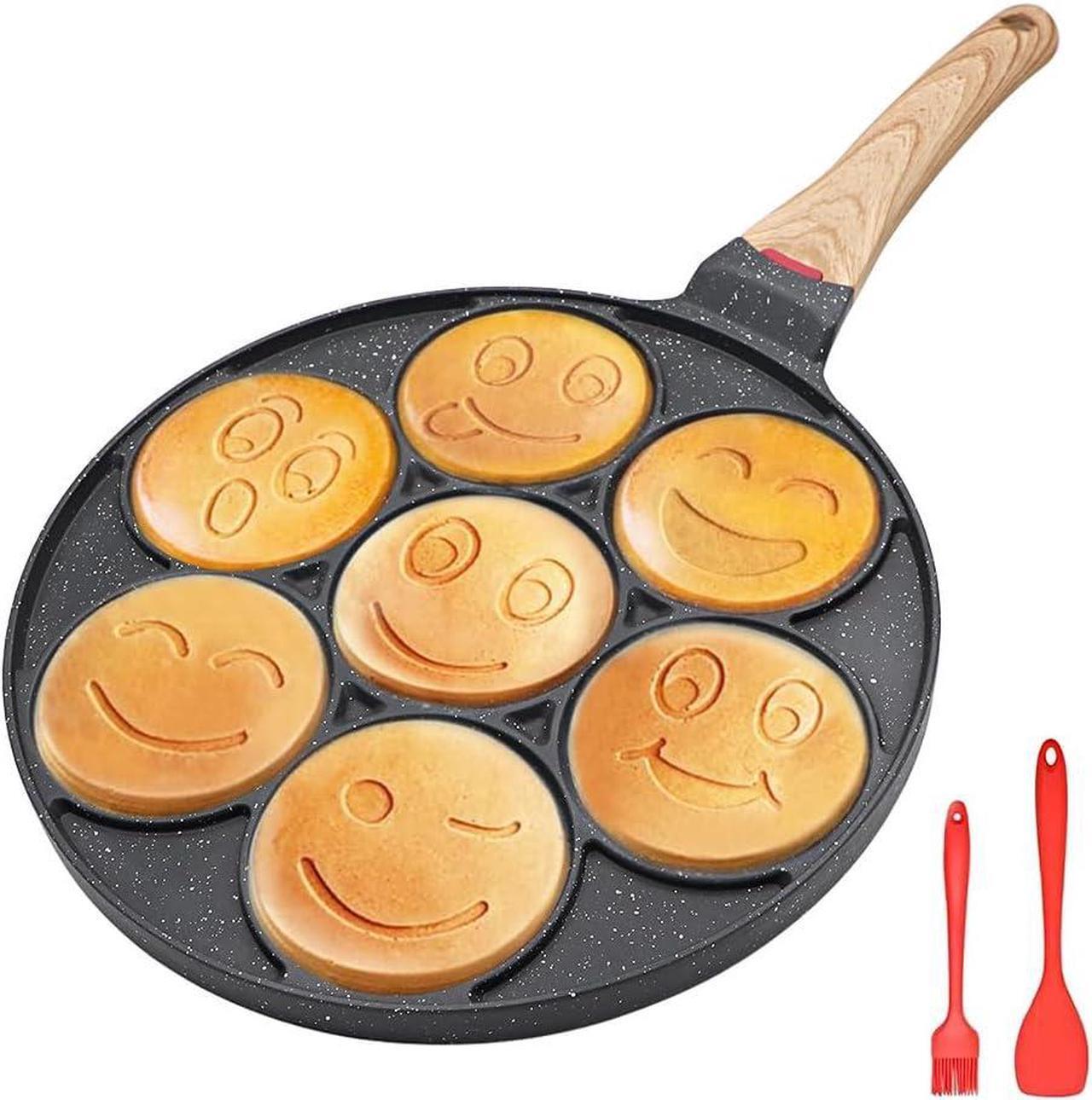 Main image of Nonstick Pancake Pan, Smiley Face Pancake Frying Pan, 7 Holes Mini Pancake Maker for Kids 10.4 in, Gas only - Black
