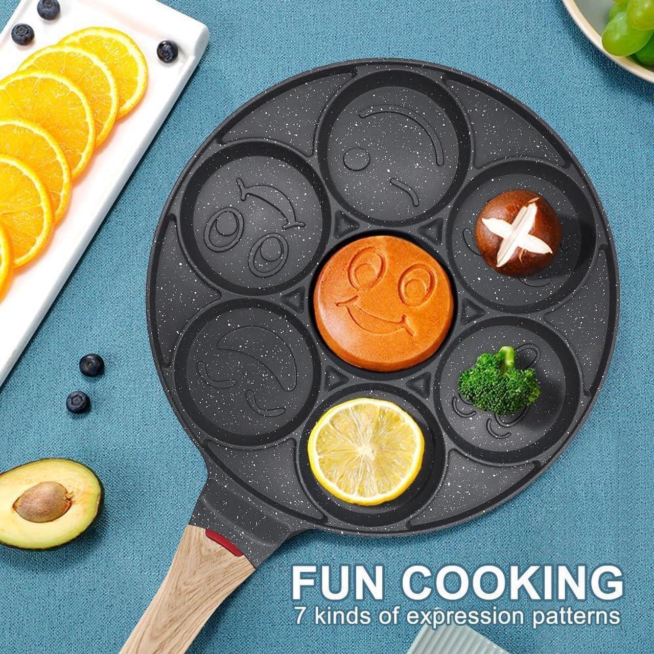 Alt view image 2 of 6 - Nonstick Pancake Pan, Smiley Face Pancake Frying Pan, 7 Holes Mini Pancake Maker for Kids 10.4 in, Gas only - Black
