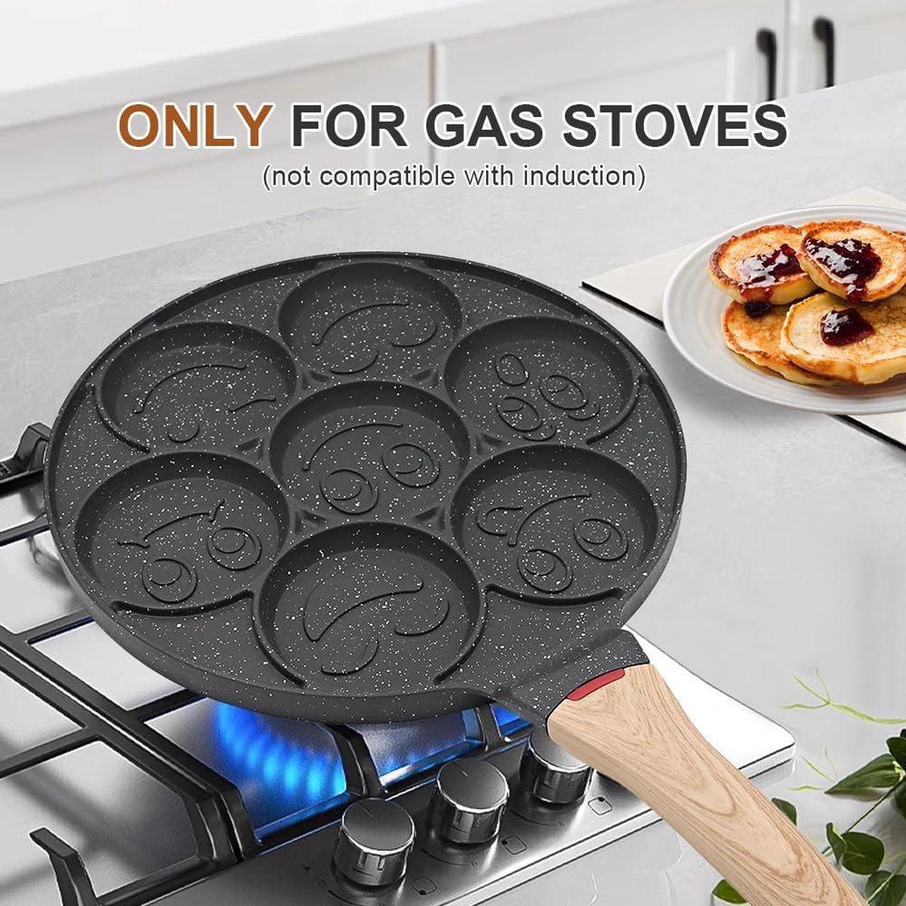 Alt view image 3 of 6 - Nonstick Pancake Pan, Smiley Face Pancake Frying Pan, 7 Holes Mini Pancake Maker for Kids 10.4 in, Gas only - Black