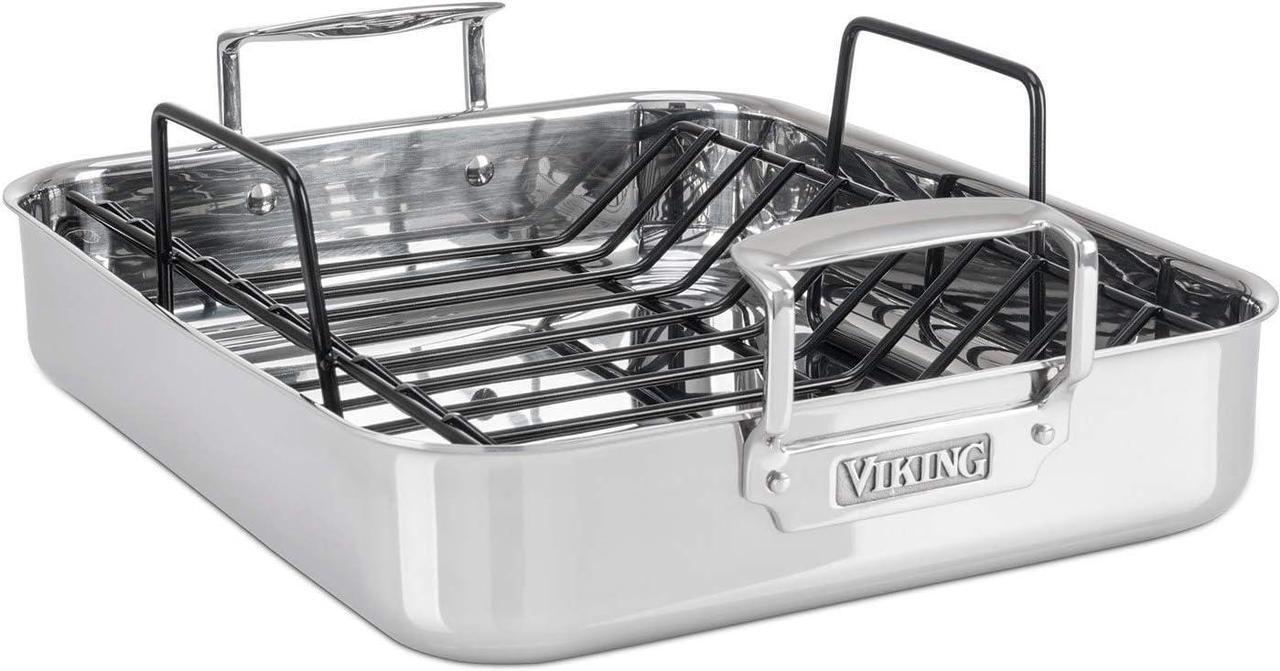 Main image of Viking Culinary 3-Ply Stainless Steel Roasting Pan, Includes a Nonstick Rack, Dishwasher, Oven Safe, Works on All Cooktops including Induction