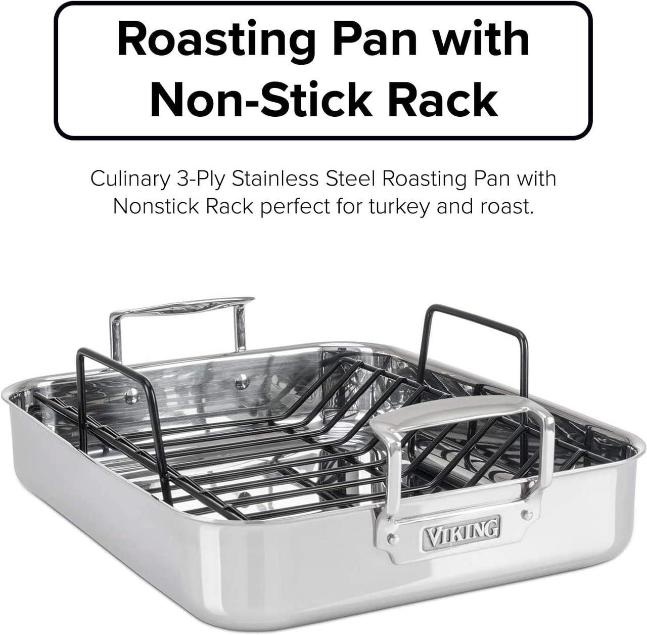 Alt view image 2 of 7 - Viking Culinary 3-Ply Stainless Steel Roasting Pan, Includes a Nonstick Rack, Dishwasher, Oven Safe, Works on All Cooktops including Induction