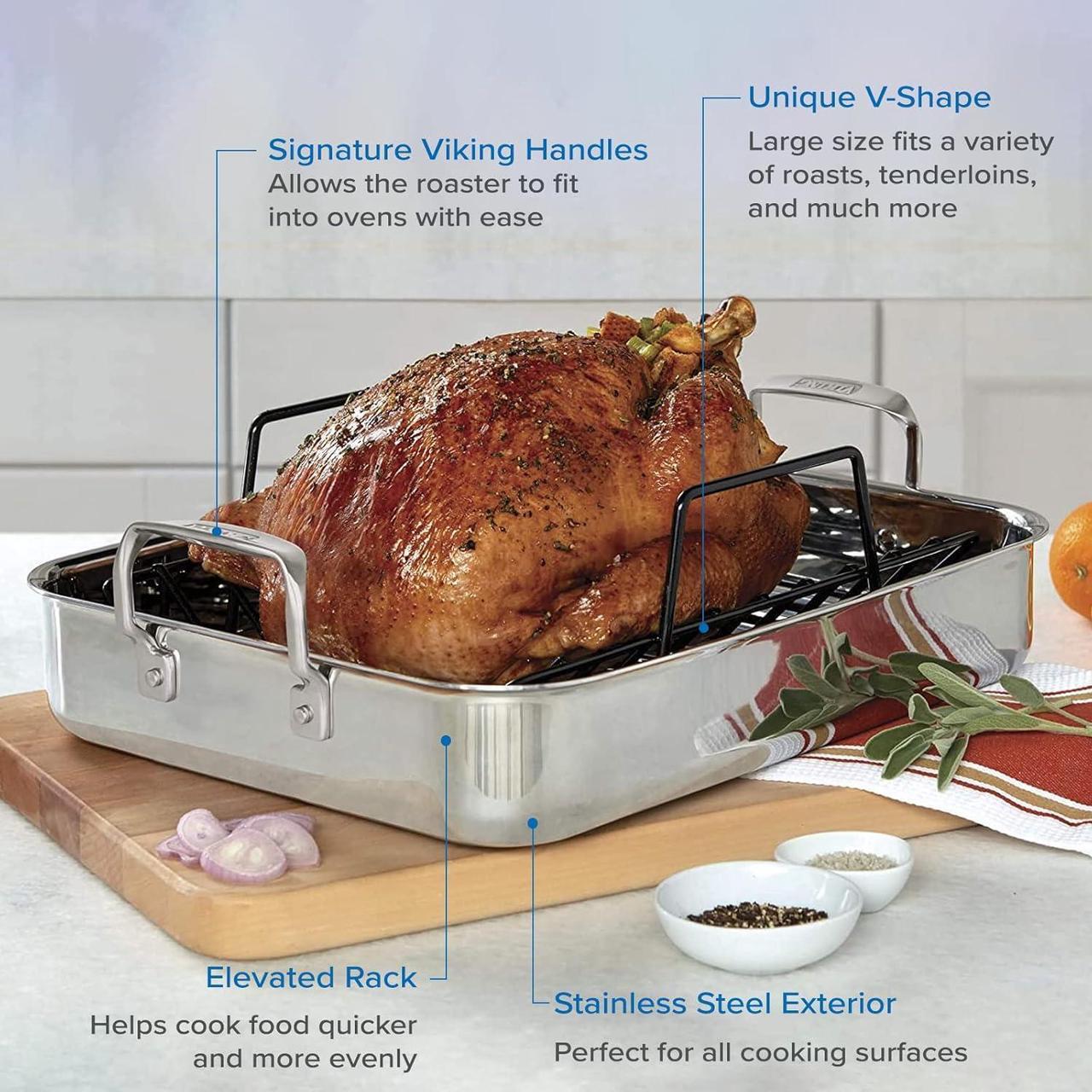 Alt view image 3 of 7 - Viking Culinary 3-Ply Stainless Steel Roasting Pan, Includes a Nonstick Rack, Dishwasher, Oven Safe, Works on All Cooktops including Induction