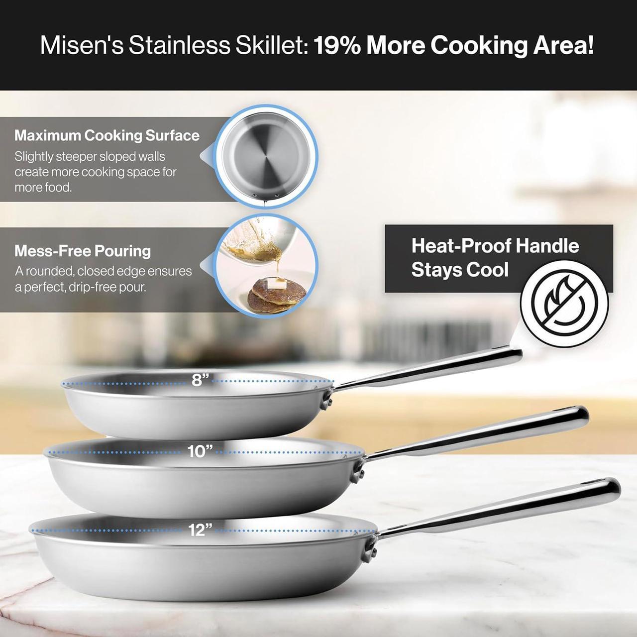 Alt view image 3 of 7 - Misen 5-Ply Stainless Steel Pan - Dishwasher Safe - Superior Heat Retention & Larger Cooking Surface for Searing & Sautéing - Stay-Cool Handle - 10 & 12 Inch Set