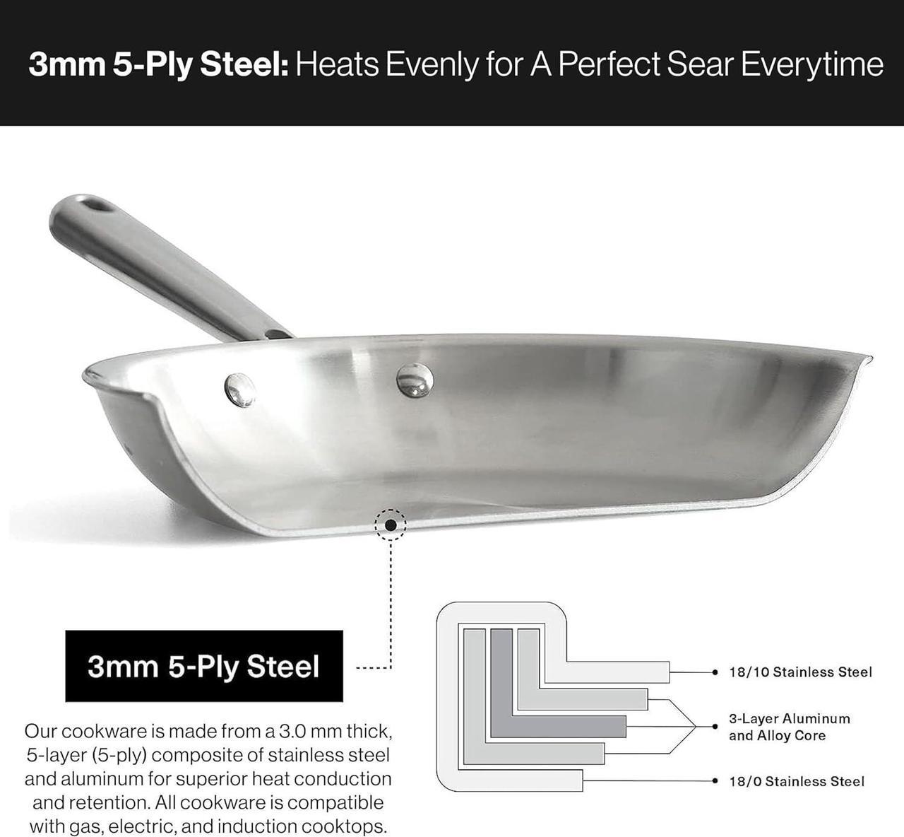 Alt view image 4 of 7 - Misen 5-Ply Stainless Steel Pan - Dishwasher Safe - Superior Heat Retention & Larger Cooking Surface for Searing & Sautéing - Stay-Cool Handle - 10 & 12 Inch Set